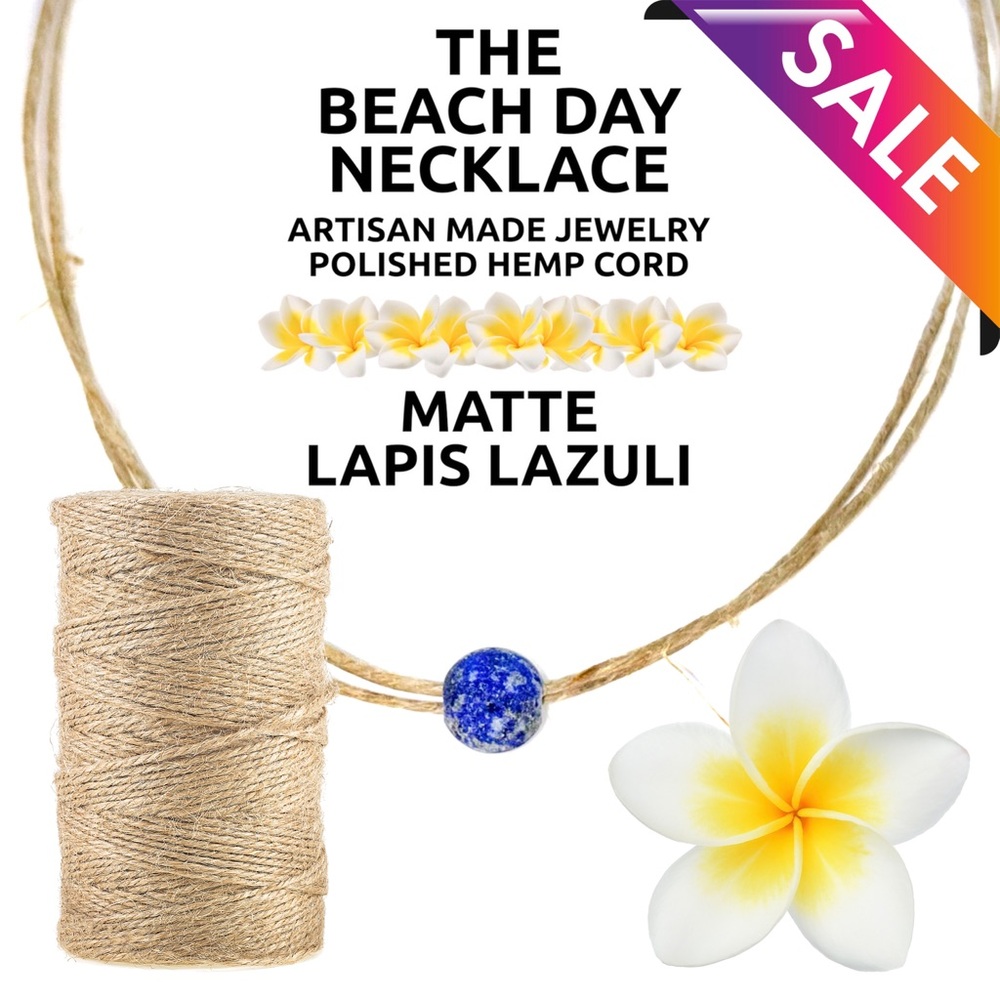 Island Sunset Artisan Beach Day Hemp Necklace Matte Lapis Lazuli